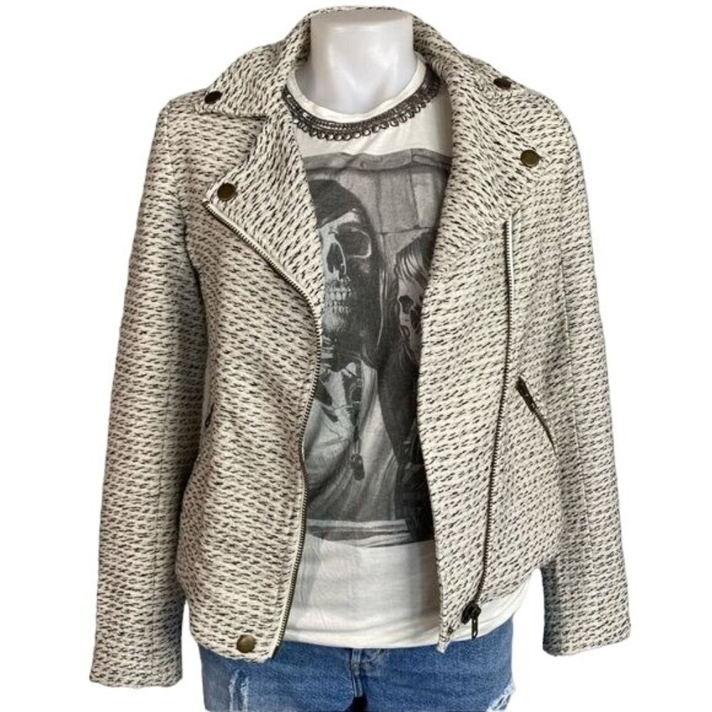TL The Letter Moto Jacket White/Black/Gold Thread Zipper Wool Blend Size XS